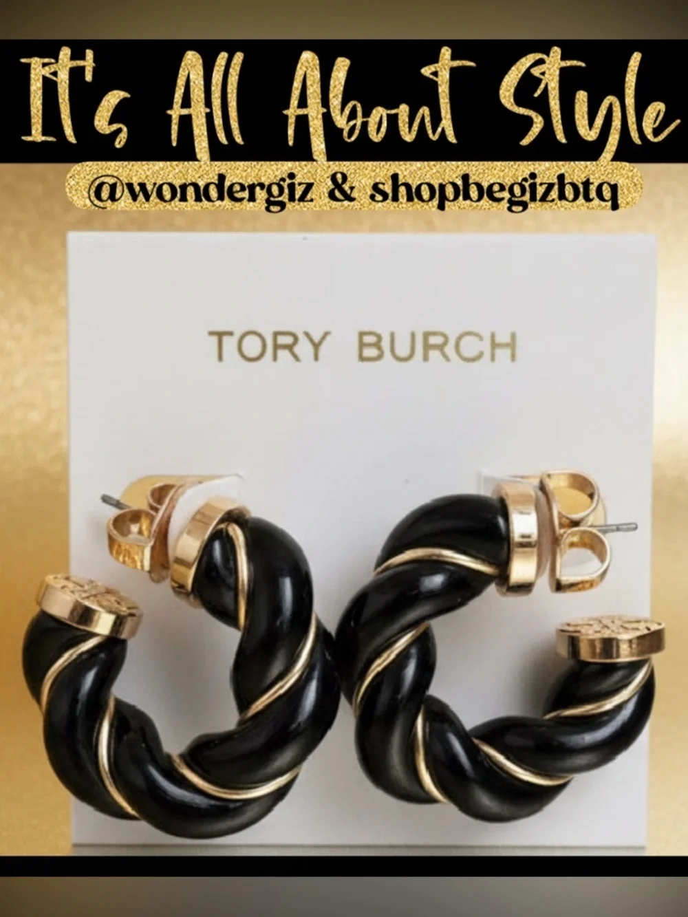 NWT Authentic Tory Burch Black and Gold Textured Rope Hoop Earrings